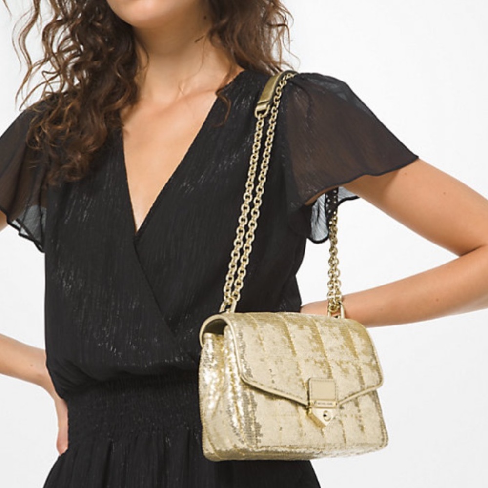 NEW Michael Kors Gold Sequin Quilted Soho Shoulder Bag